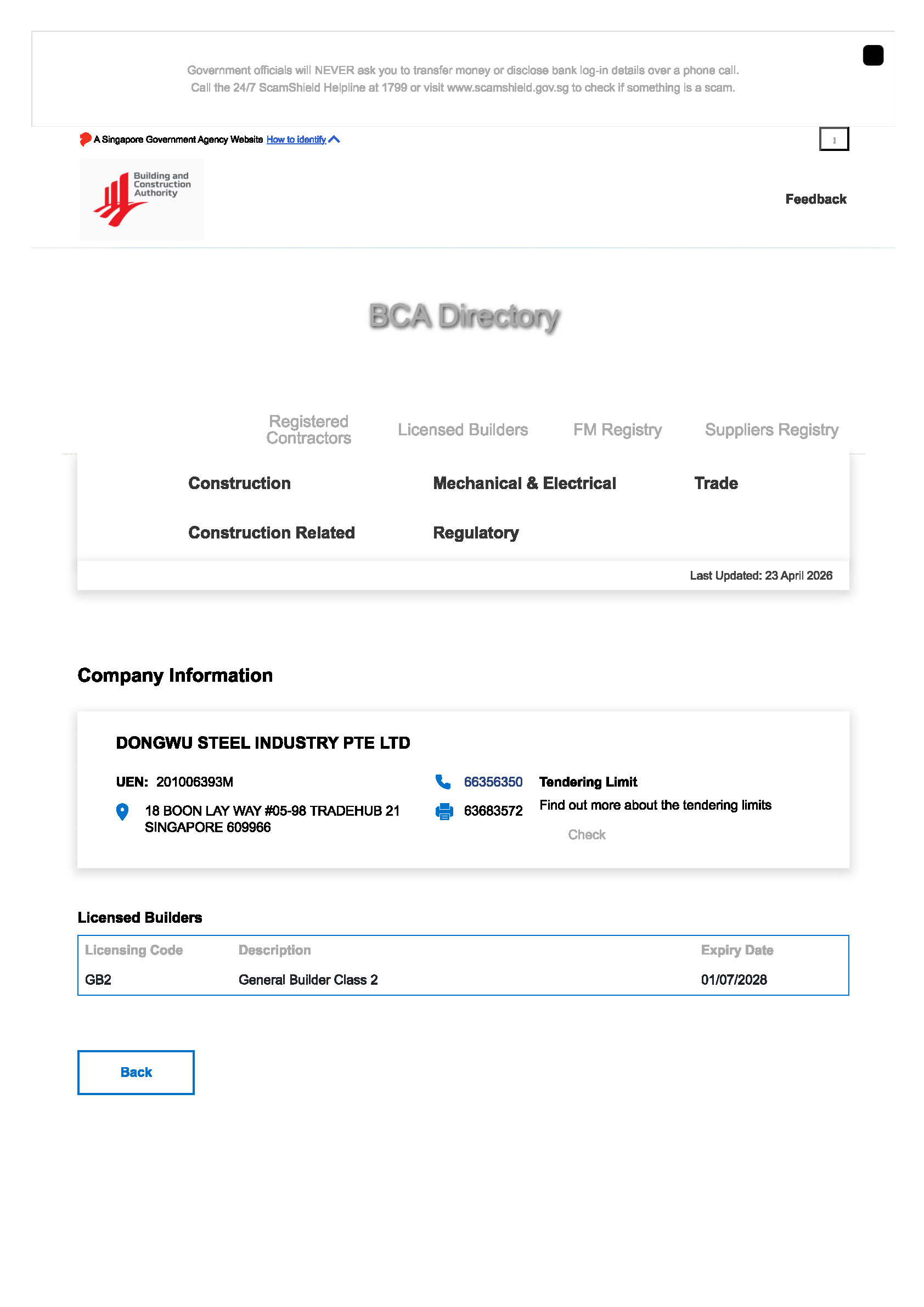 2601 BCA Registration